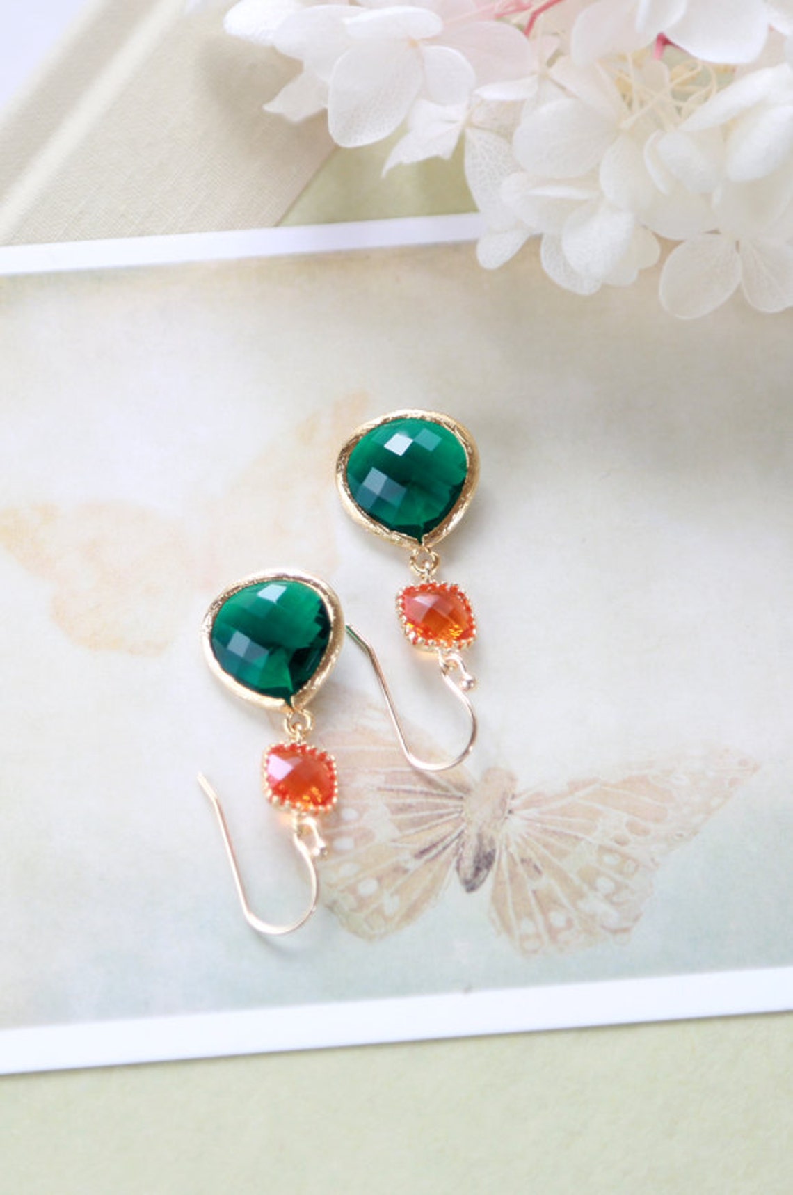 Orange and Emerald Green Earrings Gold Plated Orange and Etsy