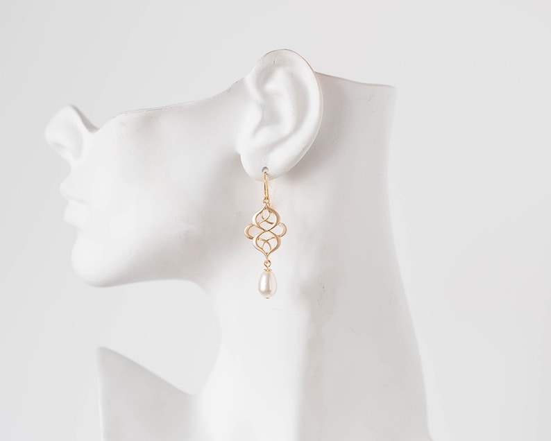 Matte Gold Celtic Knot Earrings Filigree Cream White Teardrop Pearl Dangle Earrings Wedding Bridal Earring Eternity infinity jewelry image 5