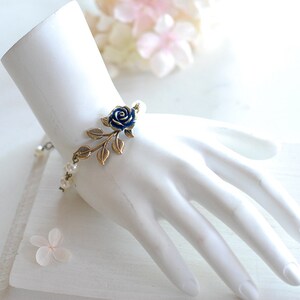 Navy Blue Wedding Bridal Bracelet Dark Blue Rose Flower Brass Leaf Branch Beaded Cream Ivory Pearl Bracelet Flower Girl Bridesmaid Bracelet image 4