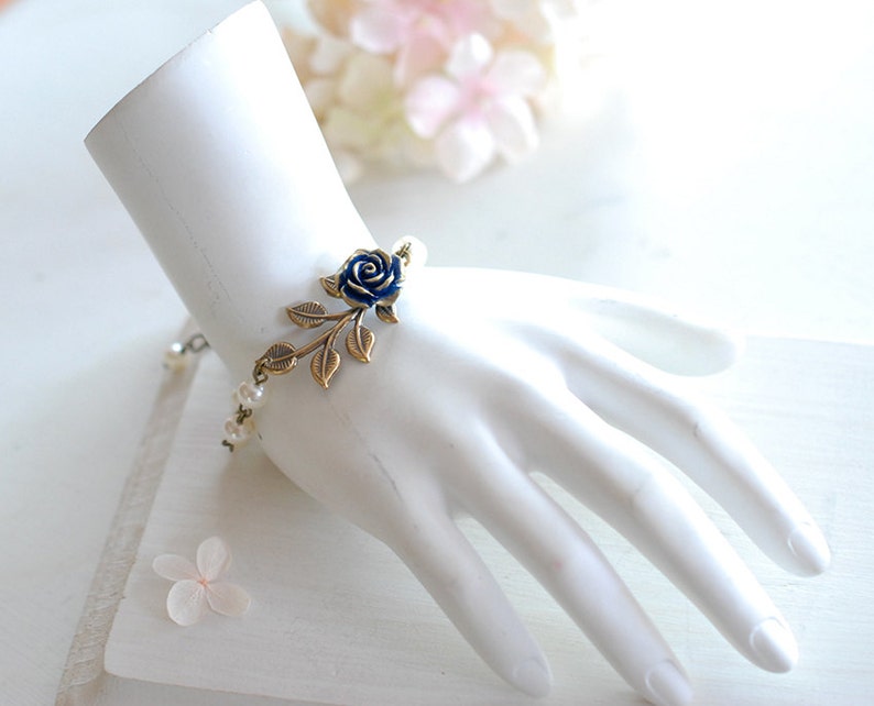 Navy Blue Wedding Bridal Bracelet Dark Blue Rose Flower Brass Leaf Branch Beaded Cream Ivory Pearl Bracelet Flower Girl Bridesmaid Bracelet image 4