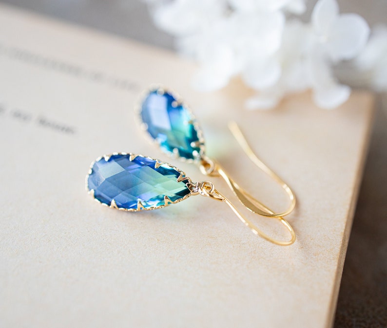 Green and Blue Earrings, Two Tone Vintage Glass Earrings, Gold Dangle Earrings, Teardrop Glass Jewel Earrings, Sparkly Crystal Earrings image 2