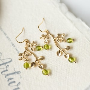 Peridot Green Earrings, Gold Leaf Tree Branch Dangle Earrings, chandelier Earrings, Summer Jewelry, Plant, Nature, August Birthstone image 4