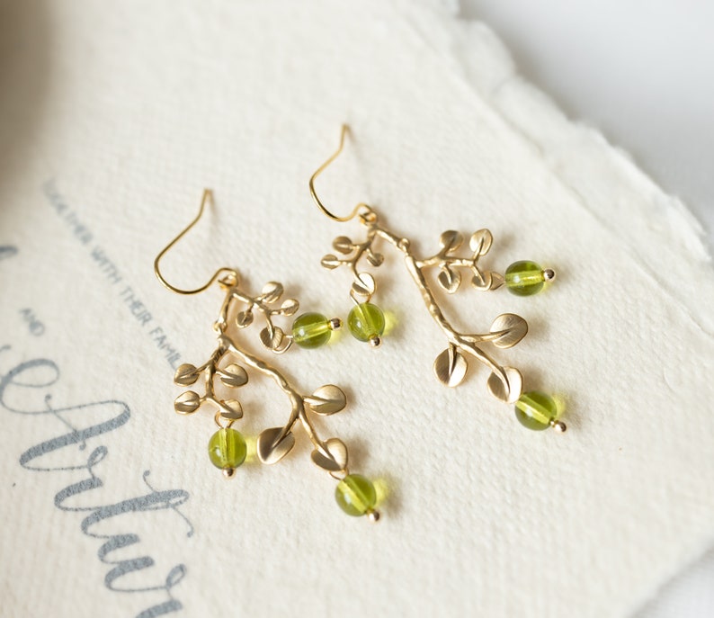 Peridot Green Earrings, Gold Leaf Tree Branch Dangle Earrings, chandelier Earrings, Summer Jewelry, Plant, Nature, August Birthstone image 4