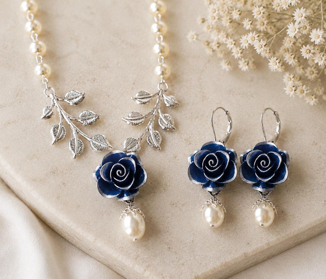 Silver Leaf Navy Blue Rose Necklace Cream White Pearl Necklace