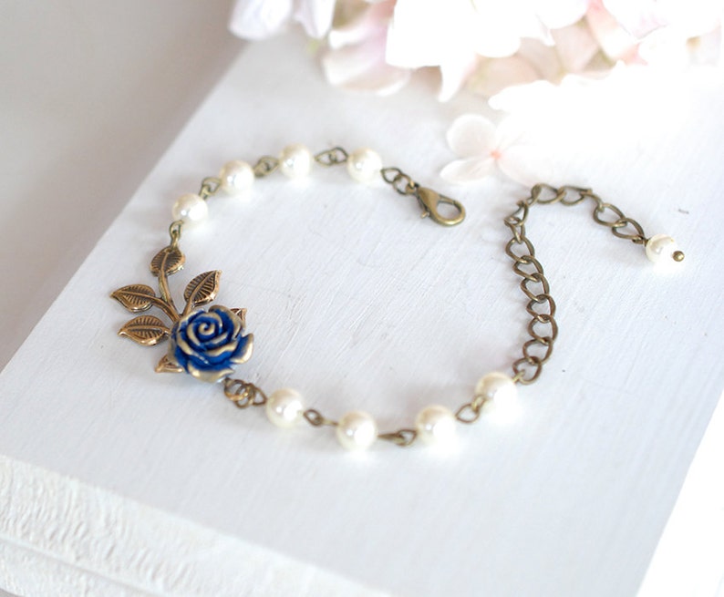 Navy Blue Wedding Bridal Bracelet Dark Blue Rose Flower Brass Leaf Branch Beaded Cream Ivory Pearl Bracelet Flower Girl Bridesmaid Bracelet image 2