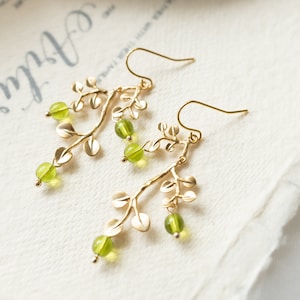 Peridot Green Earrings, Gold Leaf Tree Branch Dangle Earrings, chandelier Earrings, Summer Jewelry, Plant, Nature, August Birthstone image 2