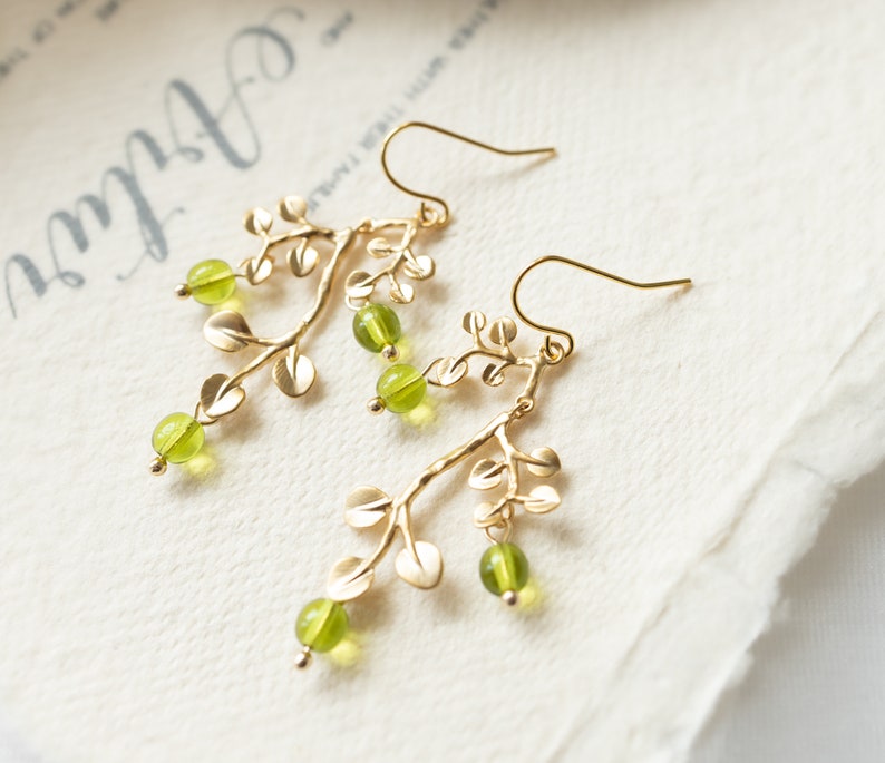 Peridot Green Earrings, Gold Leaf Tree Branch Dangle Earrings, chandelier Earrings, Summer Jewelry, Plant, Nature, August Birthstone image 2