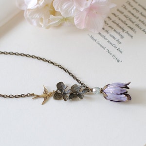 Tulip Necklace, Purple Violet Brass Tulip Flower Orchid Swallow Bird Necklace, Gift for mom Wife Girlfriend, gift for her image 3