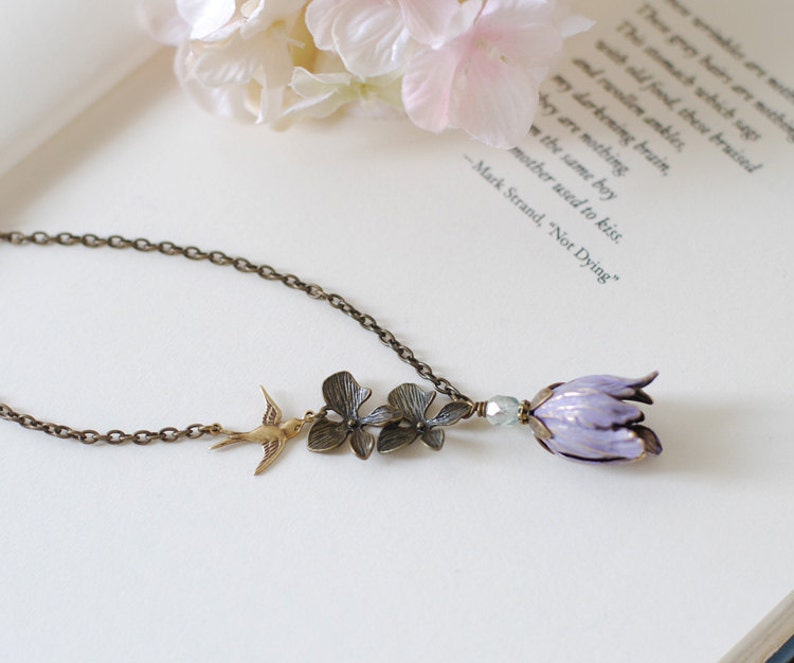 Tulip Necklace, Purple Violet Brass Tulip Flower Orchid Swallow Bird Necklace, Gift for mom Wife Girlfriend, gift for her image 3