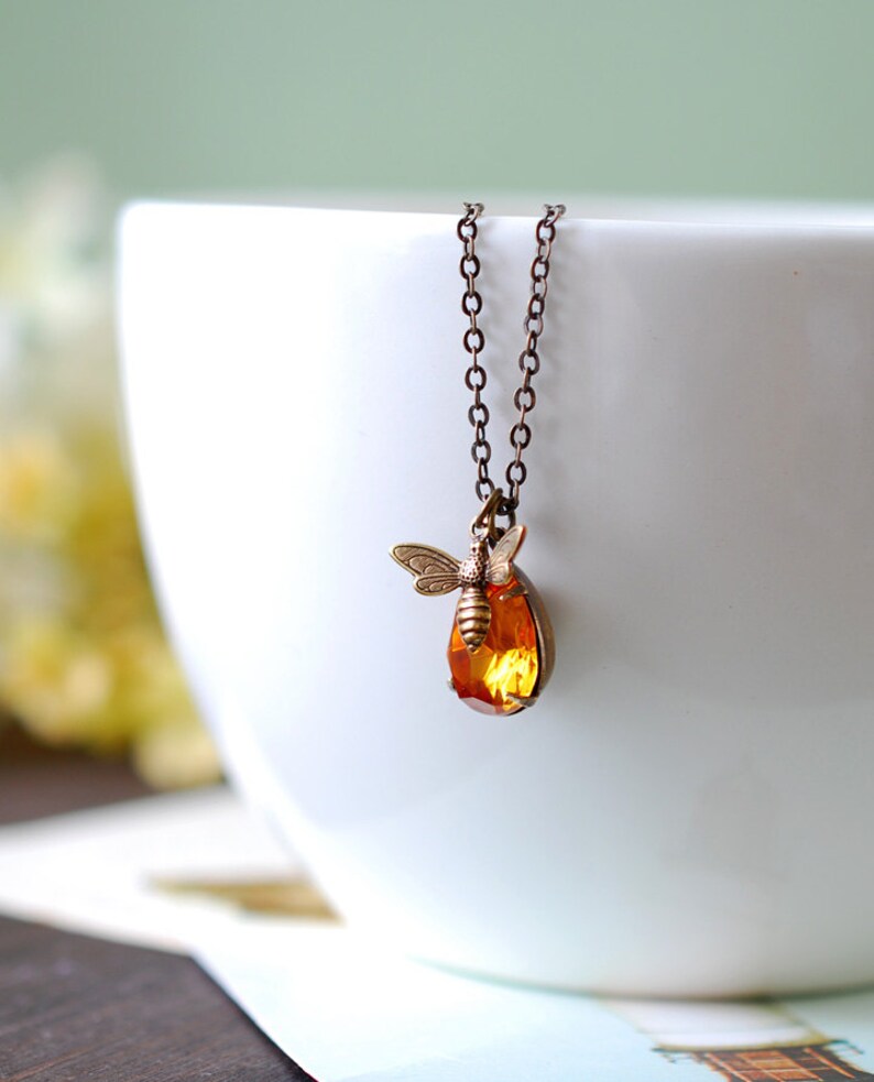 Bee Necklace With Topaz Honey Drop, Bee Jewelry, Honey Bee Humble Bee Necklace, Bee Charm Necklace, Gift for Women for Bee lover Bee Kepper image 2