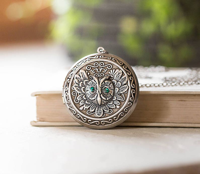 Owl Locket Necklace Personalized Silver Photo Picture Owl Etsy