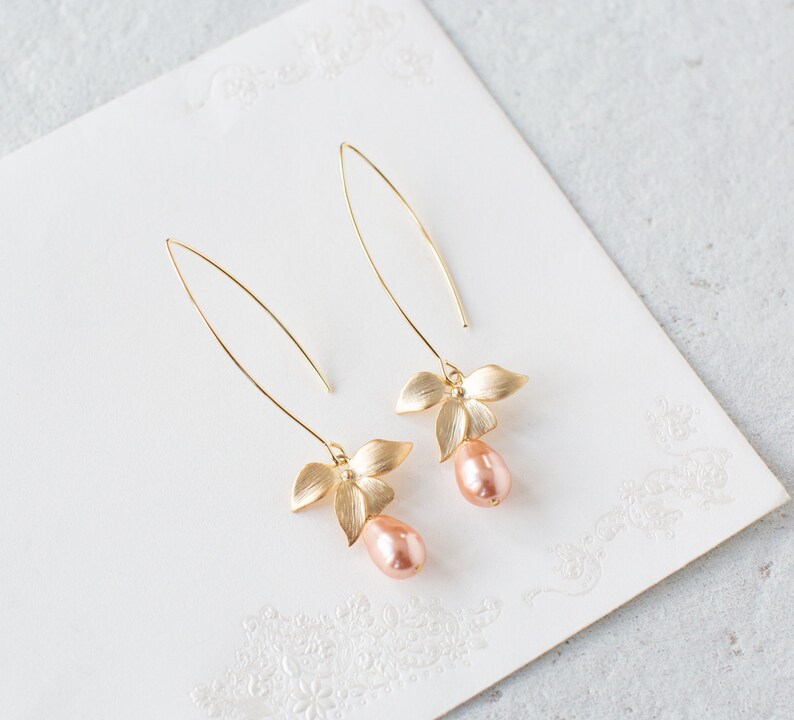 Peach Pearl Earrings Gold Flower Long Dangle Earrings Peach Etsy