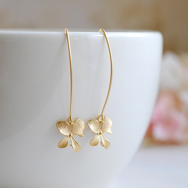 Gold Orchid Flower Long Dangle Earrings, Simple Everyday Day Earrings, Gift for Mom Daughter Sister Wife Girlfriend, Bridesmaid Gift
