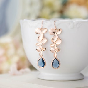 Rose Gold Earrings, Navy Blue Wedding Bridal Earrings, Bridesmaid Earrings, Orchid Flower Sapphire Blue Long Dangle Earrings, Gift for women image 4