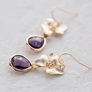 Purple Earrings, Amethyst Purple Glass Jewel Gold Flower Blossoms, Purple Wedding Bridesmaid Earrings, Gift for Women, February Birthstone