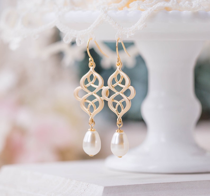 Matte Gold Celtic Knot Earrings Filigree Cream White Teardrop Pearl Dangle Earrings Wedding Bridal Earring Eternity infinity jewelry image 3