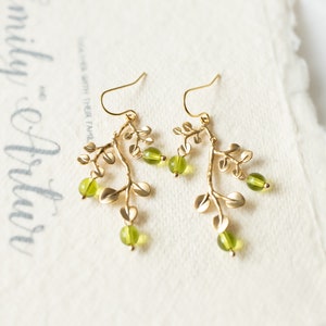 Peridot Green Earrings, Gold Leaf Tree Branch Dangle Earrings, chandelier Earrings, Summer Jewelry, Plant, Nature, August Birthstone image 9