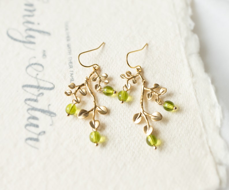 Peridot Green Earrings, Gold Leaf Tree Branch Dangle Earrings, chandelier Earrings, Summer Jewelry, Plant, Nature, August Birthstone image 9