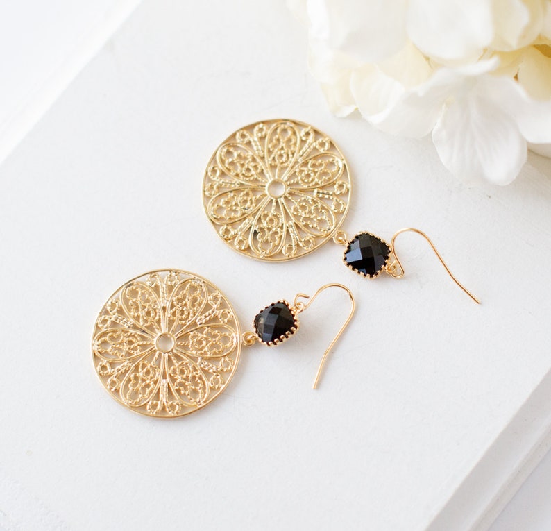 Gold and Black Earrings Boho Chic Gift for Her Jet Black Gold Filigree Earrings Gold Mesh Round Circle Earrings Gold Statement Earrings