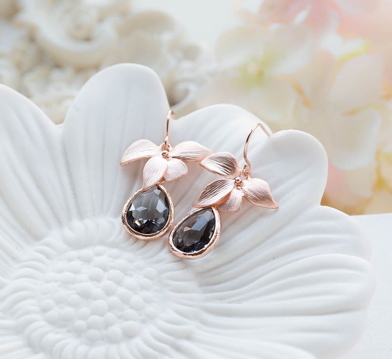Gray Glass Teardrop Rose Gold Orchid Flower Dangle Earrings, Rose Gold Jewelry, Bridesmaid Gift, Birthday Gift for wife, Gift for Mom, image 2