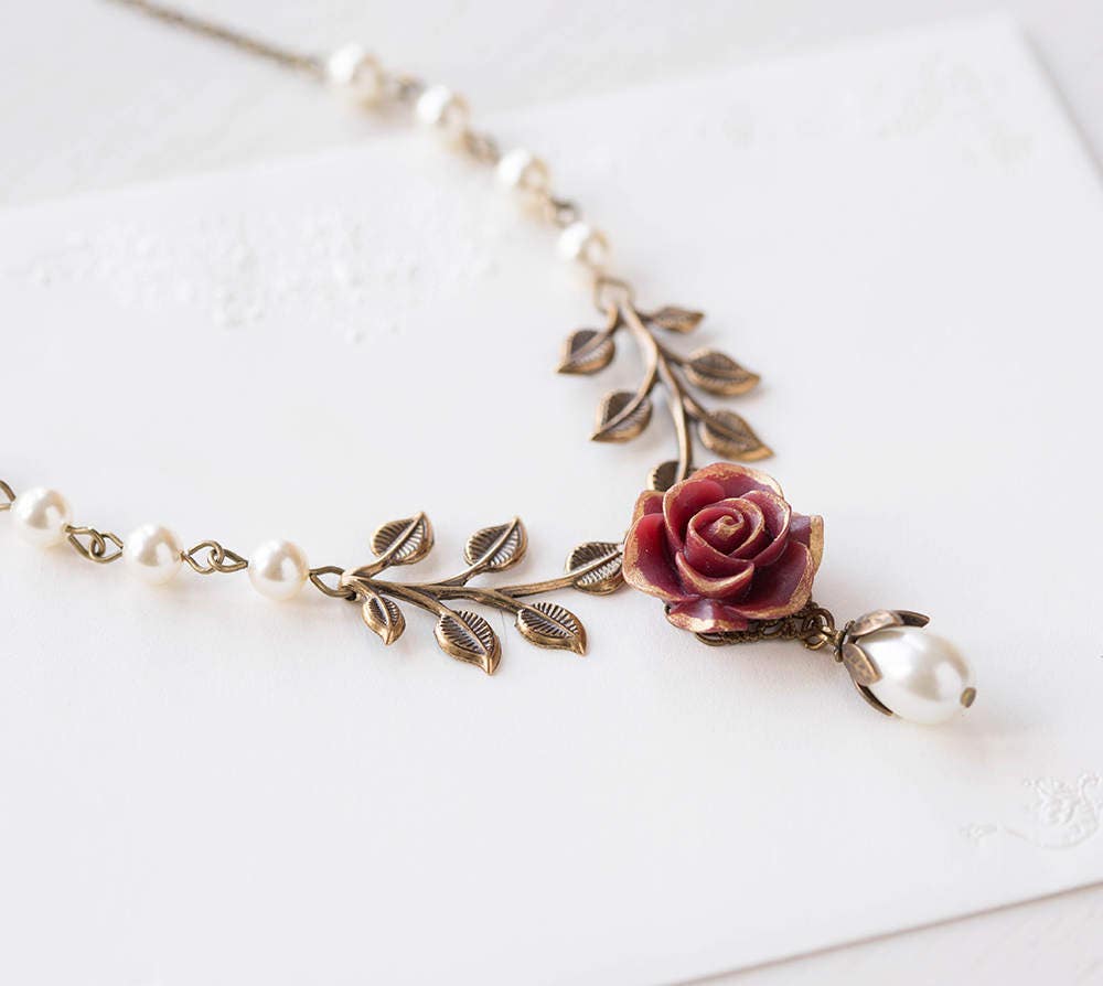 Dark Red Rose Flower Brass Leaf Cream 