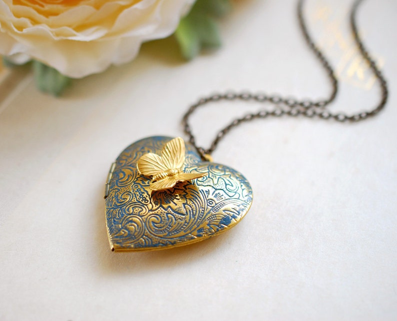 Heart Locket Necklace, Butterfly Locket, Verdigris Blue Gold Locket,  Butterfly Necklace, Personalized Gift for Mom Wife Daughter Girlfriend 