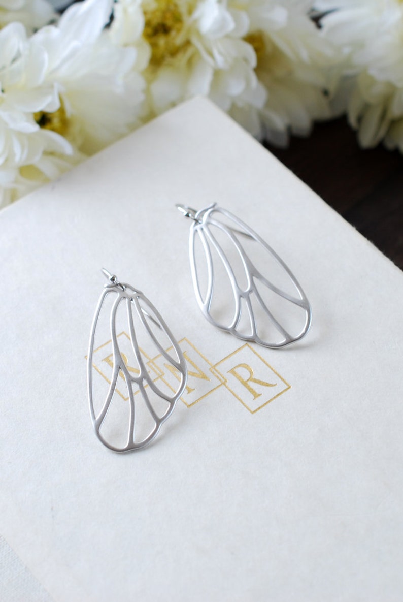 Silver Wing Earrings. Matte Silver Fairy Wings Earrings, Butterfly Wings Earrings, Cicada Wings Earrings. Filigree Wing Jewelry image 3