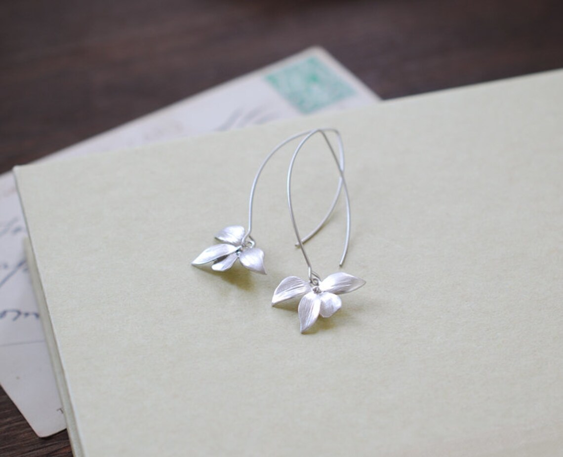 Silver Earrings Orchid Flower Long Dangle Earrings Wedding Etsy