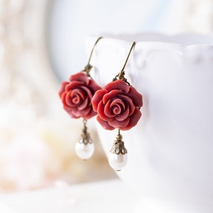 Dark Red Earrings Burgundy Flower Earrings, Cream White Pearl Earrings, Marsala Maroon Wedding Jewelry, Bridesmaid Gift, Vintage Style image 4