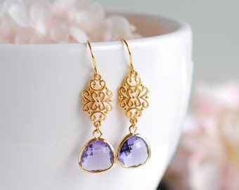 Purple Earrings, Gold Earrings, Filigree Amethyst Purple Glass Drop Dangle Earrings, Purple Wedding Bridal Jewelry Bridesmaid Earrings