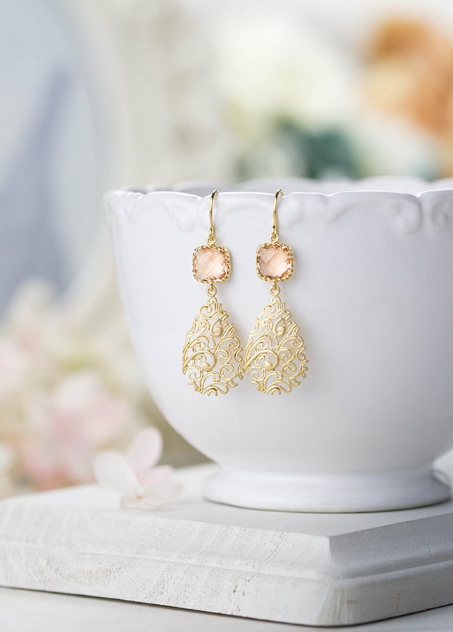 Peach Earrings Peach Wedding Earrings Gold Paisley Filigree Etsy