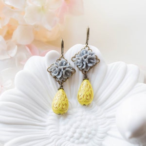 Grey and Yellow Earrings, Grey Flower Yellow Teardrop Bead Dangle Earrings, Grey and Yellow Wedding, Victorian Style, Leverback earrings image 2