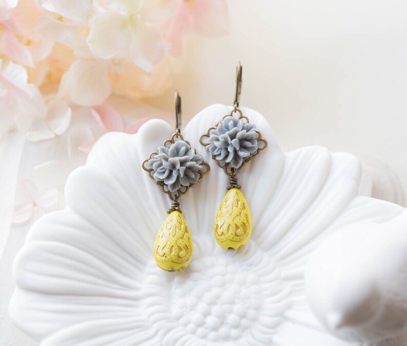 Grey and Yellow Earrings, Grey Flower Yellow Teardrop Bead Dangle Earrings, Grey and Yellow Wedding, Victorian Style, Leverback earrings image 2