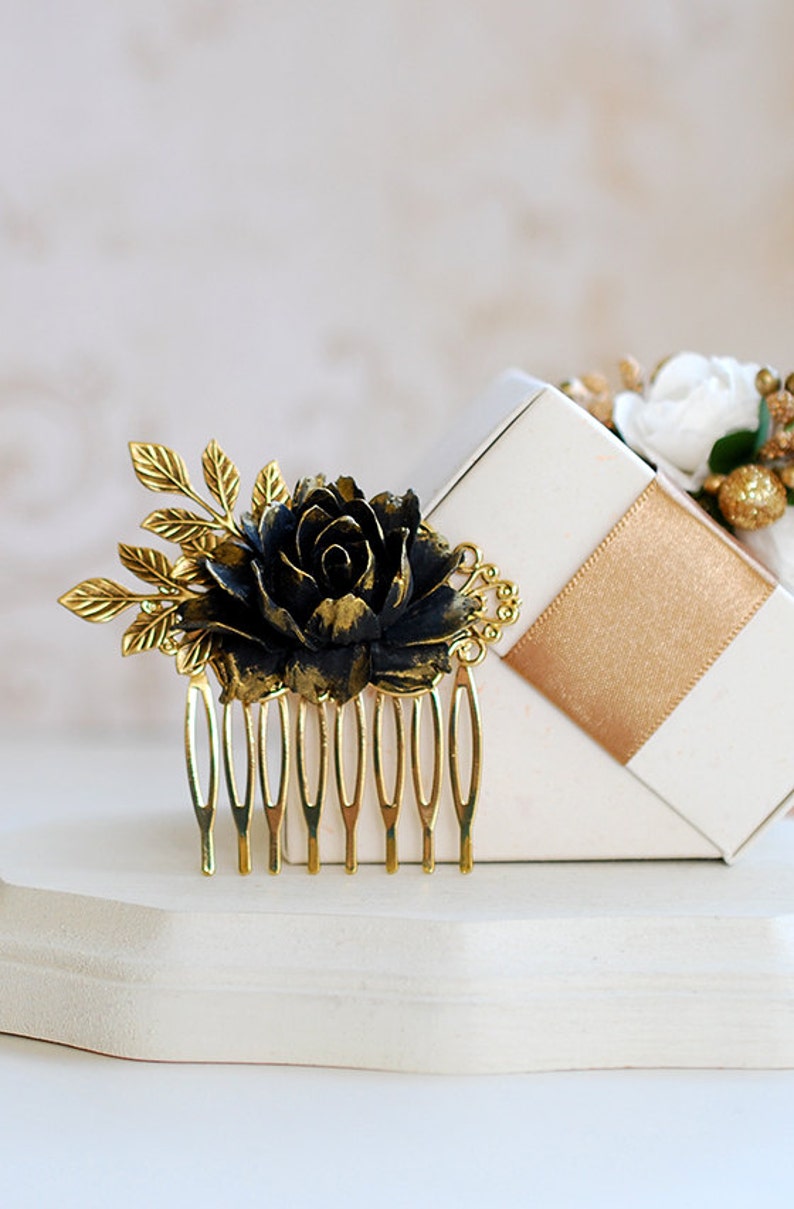 Black Flower Hair Comb Antique Gold Leaf Black Rose Hair Comb Etsy