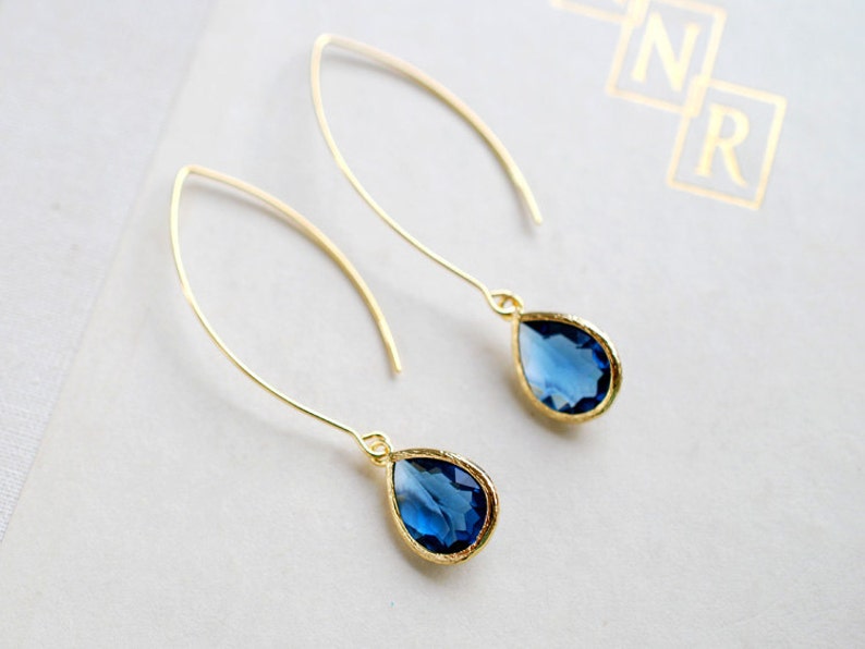 Navy Blue Drop Earrings, Gold Plated Montana Blue Sapphire Blue Teardrop Long dangle Earrings, Wedding Bridal Jewelry, Bridesmaid Gift image 3