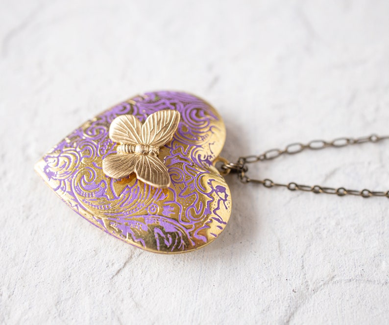 Purple Heart Locket Necklace Butterfly Locket Necklace Etsy