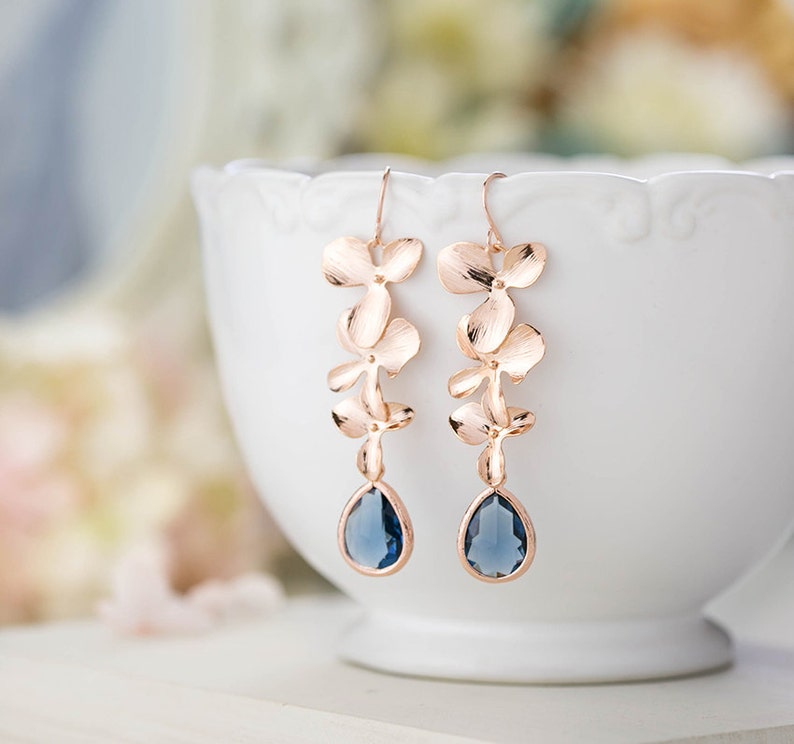 Rose Gold Earrings, Navy Blue Wedding Bridal Earrings, Bridesmaid Earrings, Orchid Flower Sapphire Blue Long Dangle Earrings, Gift for women image 1