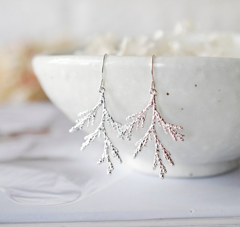 Silver Spruce Tree Leaf Branch Earrings, Fall Earrings, Winter Earrings, Fall Winter Jewelry, Coniferous Evergreen tree, Christmas Tree image 2