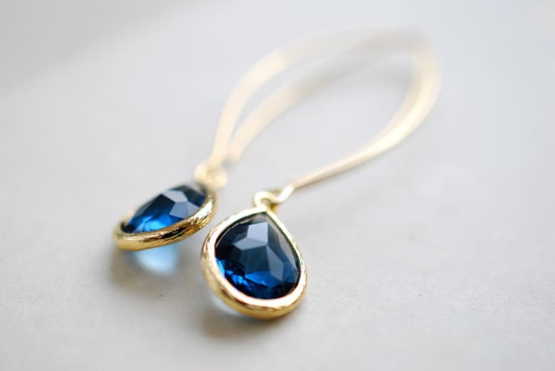 Navy Blue Drop Earrings, Gold Plated Montana Blue Sapphire Blue Teardrop Long dangle Earrings, Wedding Bridal Jewelry, Bridesmaid Gift image 2