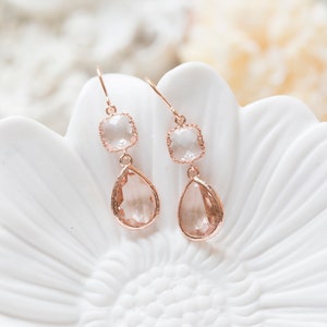 Rose Gold Earrings, Peach Champagne Clear Crystal Earrings, Rose Gold Jewelry, Birthday Anniversary Gift for Women, Bridesmaid Gift image 3