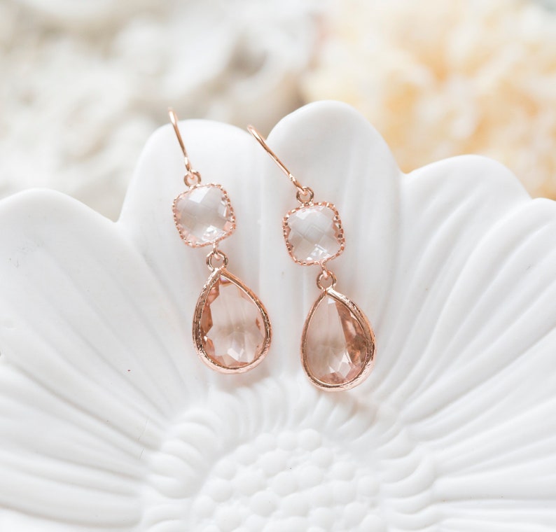 Rose Gold Earrings, Peach Champagne Clear Crystal Earrings, Rose Gold Jewelry, Birthday Anniversary Gift for Women, Bridesmaid Gift image 3