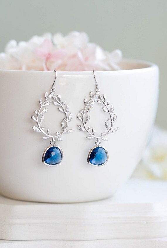 Silver Leaf Wreath Earrings with Sapphire Blue crystal Drops | Navy Blue Bridal Earrings | Silver Botanical Jewelry | Something Blue Gift