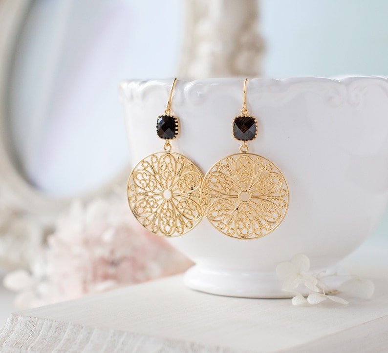 Gold and Black Earrings Boho Chic Gift for Her Jet Black Gold Filigree Earrings Gold Mesh Round Circle Earrings Gold Statement Earrings