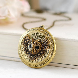 Owl Locket Necklace, Owl Jewelry, Victorian Style Round Brass Photo Locket, Woodland Jewelry Picture Locket Necklace, Gift for mom wife her