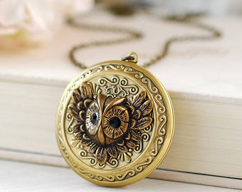 Owl Locket Necklace, Owl Jewelry, Victorian Style Round Brass Photo Locket, Woodland Jewelry Picture Locket Necklace, Gift for mom wife her