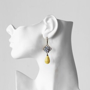 Grey and Yellow Earrings, Grey Flower Yellow Teardrop Bead Dangle Earrings, Grey and Yellow Wedding, Victorian Style, Leverback earrings image 4