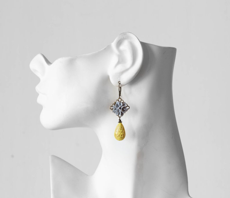 Grey and Yellow Earrings, Grey Flower Yellow Teardrop Bead Dangle Earrings, Grey and Yellow Wedding, Victorian Style, Leverback earrings image 4