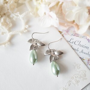 Light Green Pearl Earrings, Soft Green Pearl Earrings, Sage Green Pearl Earrings, Teardrop Green Pearl Earrings, Silver Flower Earrings image 3