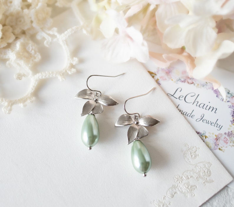 Light Green Pearl Earrings, Soft Green Pearl Earrings, Sage Green Pearl Earrings, Teardrop Green Pearl Earrings, Silver Flower Earrings image 3