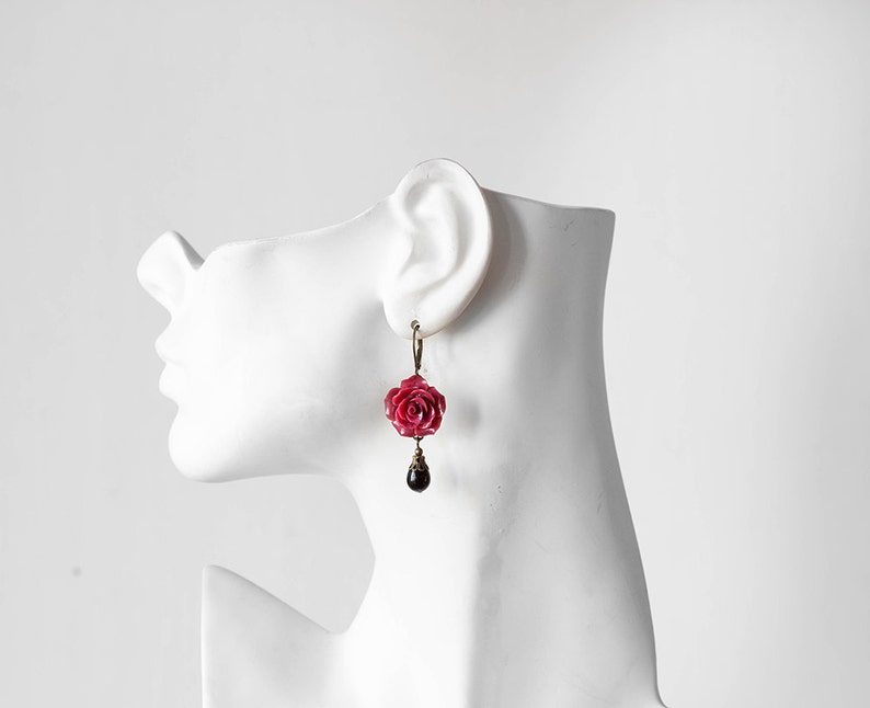 Dark Red Earrings, Maroon Burgundy Marsala Flower Black Teardrop Pearl Dangle Earrings Wedding Jewelry Bridesmaid Gift Valentines day gift image 4